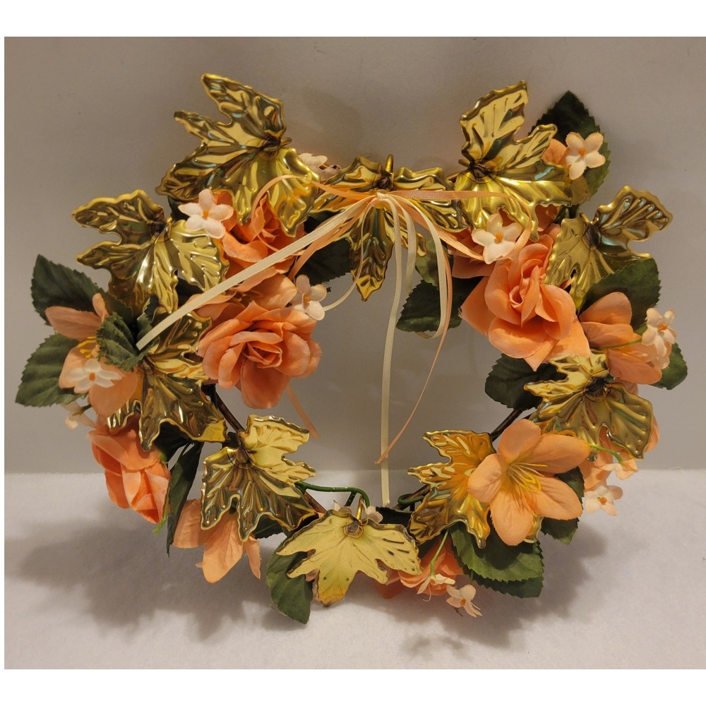 Vtg retro 80s Floral Wreath‎ Unisex OS Peach Gold Shabby Chic Heart Wall Decor